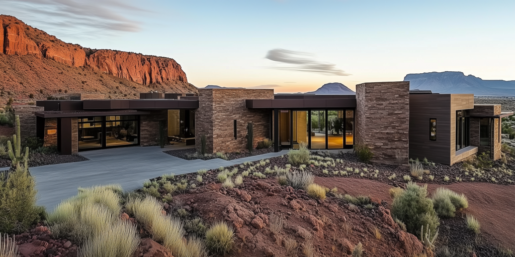Modern desert home with stone-clad walls and a paved entry court below red rock cliffs