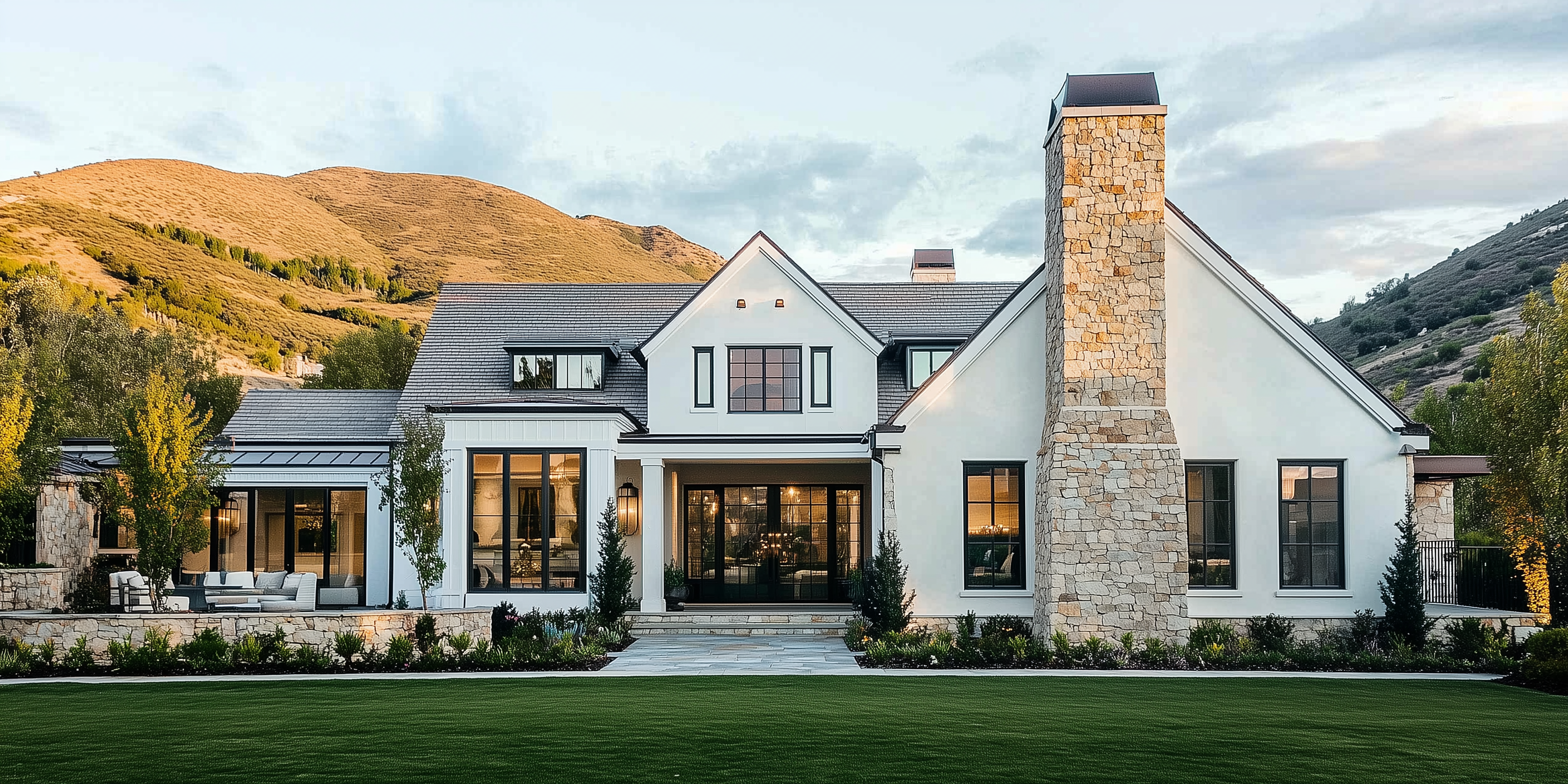 Mountain modern Park City home with natural stone chimney and exterior stone veneer