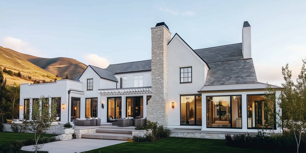 White mountain home with a tall natural stone chimney, black windows and a hillside backdrop