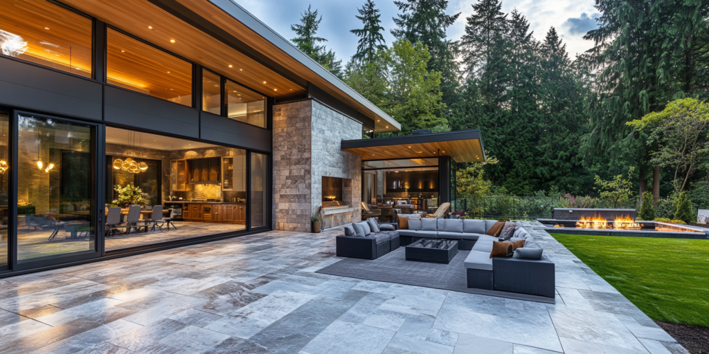 Rectangular stone paving on a terrace outside a glass-walled home, with outdoor sofas and a fire table