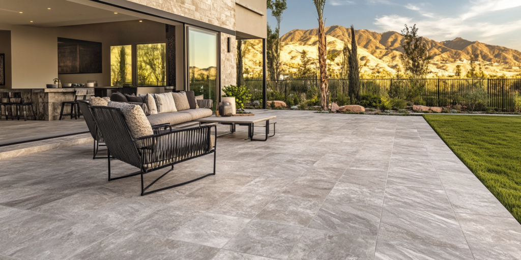 Large-format gray stone pavers on a patio with lounge chairs, lawn and a mountain view at sunset