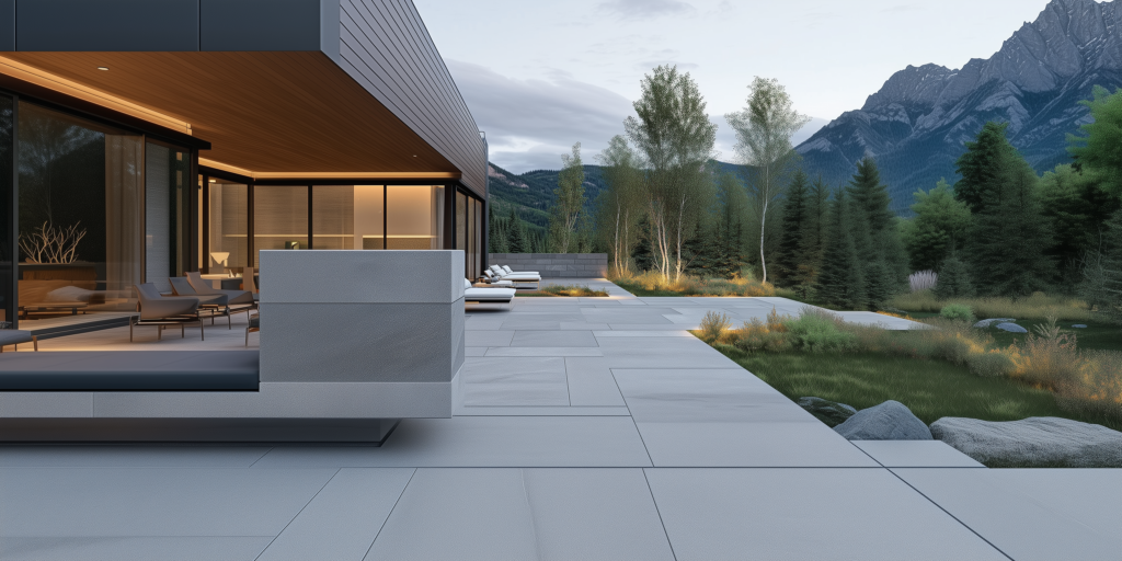 Modern mountain terrace with pale large-format pavers, lounge seating and an evergreen forest behind