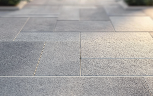 Close-up of rectangular natural stone paving laid in a repeating pattern