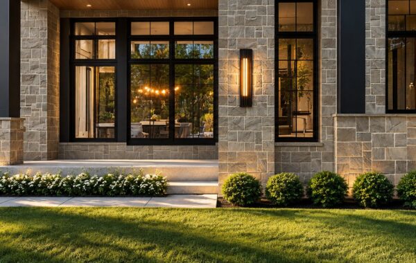 Home exterior clad in natural stone veneer with large black-framed windows and landscape lighting at dusk