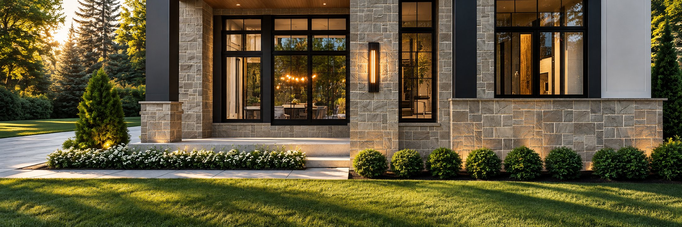 Home exterior clad in natural stone veneer with large black-framed windows and landscape lighting at dusk