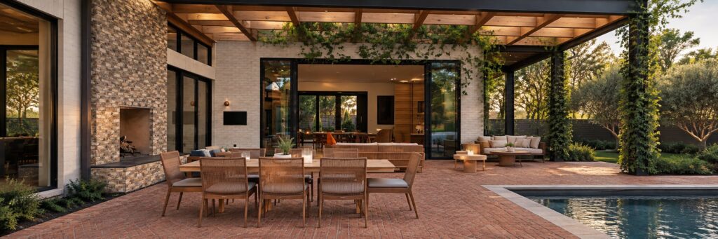 Covered patio with brick paving, a brick-clad outdoor fireplace, a dining table and a pool beyond