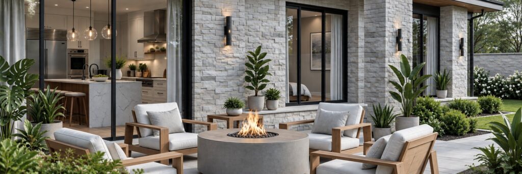 Patio framed by light gray stacked stone veneer walls and columns, with lounge chairs around a round fire pit