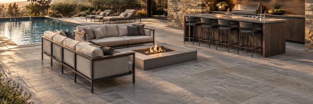 Gray stone-look pavers on a pool patio with outdoor sofas, a fire pit and an outdoor kitchen